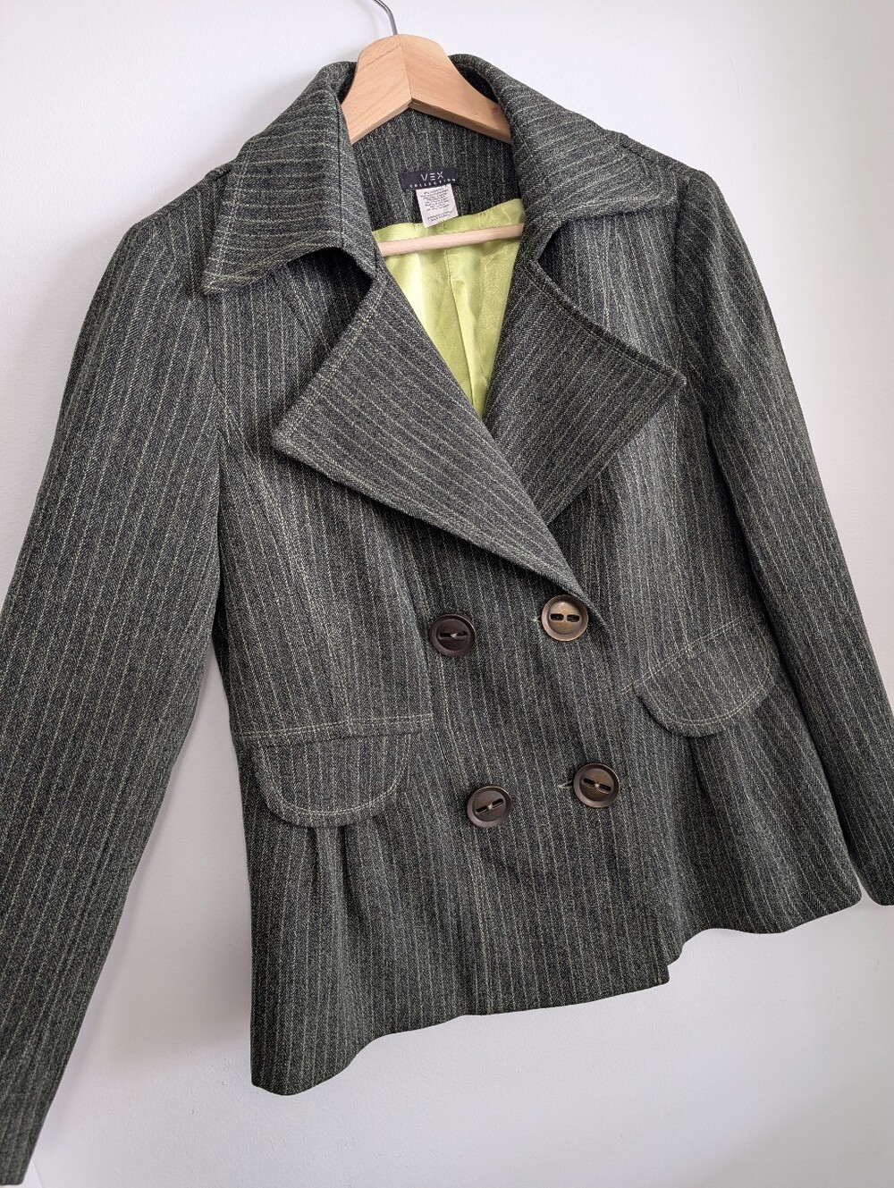 Vex Wool Pea coat Large Pinstripe Suit Jacket Green Grey Blazer Button Formal